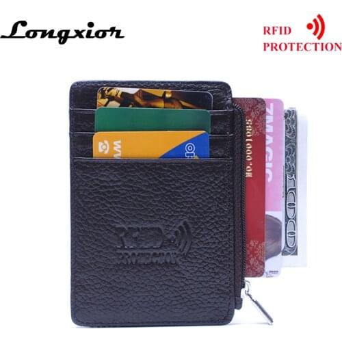 MRF13 RFID Blocking Slim Leather Wallet Coin Pocket Cow Leather Front Pocket Credit Card Case Sleeve Card Holder With ID Window