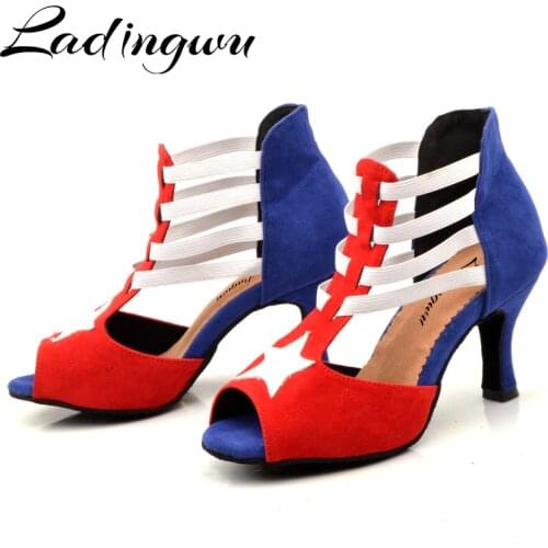 Ladingwu Latin dance shoes Women Suede Red Blue White match wide thin high heel 7.5cm Salsa Performance Ballroom dancing shoes