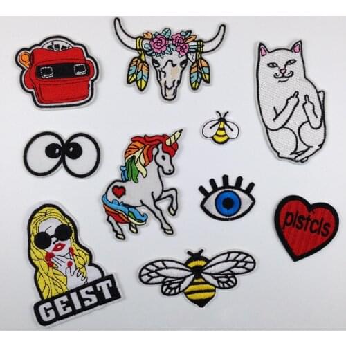 Cartoon Bee Cat Unicorn Eyes Embroidery Iron-On Patches For Clothes Garment Applique DIY Accessory