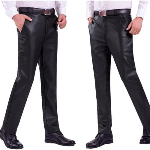 Mens Faux Leather Pants Black Motorcycle Casual Soft PU Leather Trousers Male Business Formal Strech Pants For Men Plus Size