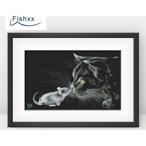 Fishxx Cross Stitch Kit Small Animal Cat and Mouse 14ct Black Cloth D589 Hand Embroidery Home Cartoon