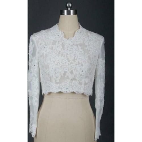 Cheap Bridal Wraps Modest Alencon Lace Beads V Neck Sequins Wedding Bridal Bolero For Wedding Dresses Long Sleeve Lace Applique