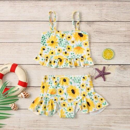 2021 New Teenager Girls Swimwear Two pieces Girls swimsuit Ruffle Sunflower Print Straps Swimsuit Tops Shorts Swimwear Set E2