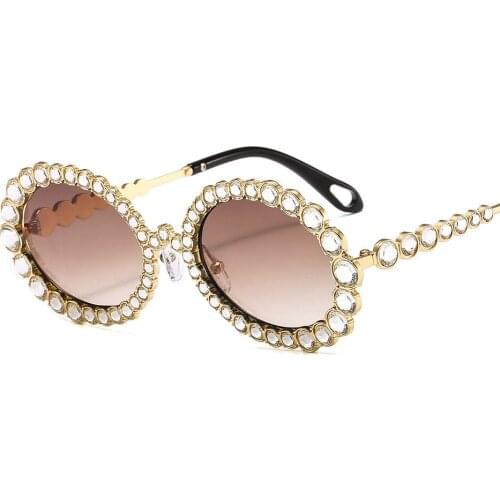 New Gorgeous Women Sunglasses Crystal Rhinestone Frame Round Eyewear UV400 Mirror Lens Vintage Design Summer Sun Glasses