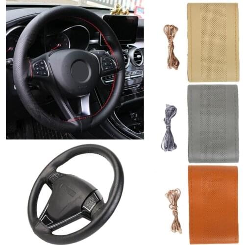 Genuine Leather Steering Wheel Cover Breathable Design DIY Car Steering-Wheel Braid Case fit Car Suv Diameter 38cm Car styling