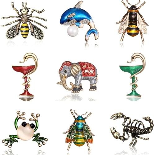 Bee Insect Brooch Cup Snake Dolphin Owl Elephant Frog Scorpion Animal Enamel Pin Bohemian Fashion Rhinestone Party Gift Jewelry