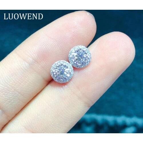 LUOWEND 18K White Gold Earrings Women Engagement Stud Earrings Certified Elegant Halo Design Natural Diamond Earring Round Shape
