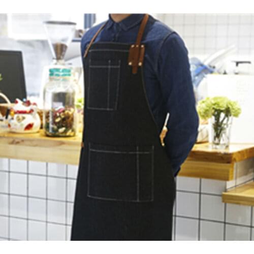Blue Black Denim Bib Apron Leather Strap Barista Baker Bartender Pastry Chef Uniform Florist Barber Tattoo Artist Work Wear K8O