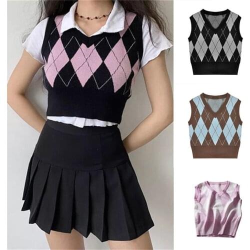 Vintage Plaid Sweater Vest Women V-neck Sleeveless Tank College Style Knitting Pullovers Tops for Daily