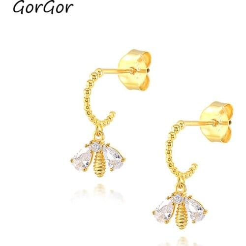 GorGor Stud Earrings Women 925 Sterling Insect Bee Gold Plated Mosaic Zircon Individuality Anniversary Jewelry 60203760120