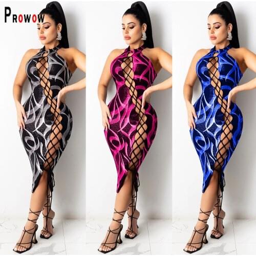 Prowow Sexy Womens Dress Bandage Hollow Out Summer Party Night Club Dresses for Woman Digital Printing Bodycon Outfits Vestido