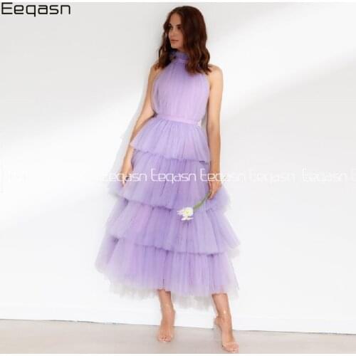 New Lavender Evening Dresses 2021 O-Neck Tiered Tulle Women Party Gown Tea Length Formal Prom Dress robe de soiree