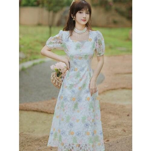 French First Love Sweet Gentle Wind Halter Fringe Floral Dress Summer Temperament Puff Sleeve Retro Vestido Women