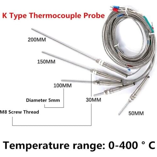 1 pcs 5 meter K type Thermocouple Stainless Steel probe Thermocouple Threads size 8mm Thermocouple 0~400C Temperature Sensor