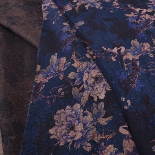 114CM Wide 19MM Floral Print Dark Blue Gambiered Guangdong Silk Rayon Fabric for Summer Spring Dress Shirt H159
