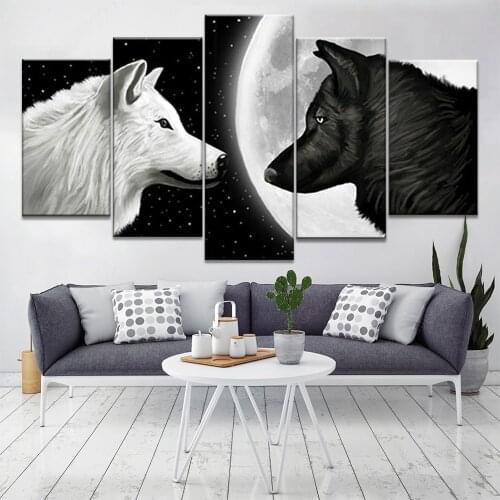 5 Pieces Animals Wolf In The Moon Painting Print Poster Wall HD Art For Living Kids Room Decorative Canvas Framework Modular Pic