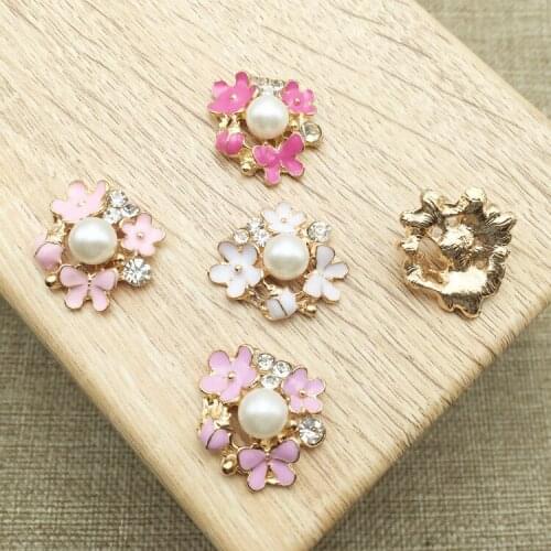 50pcs/lot round flower metal rhinestone button with pearl wedding embellishment hair flower center scrapbooking accessories