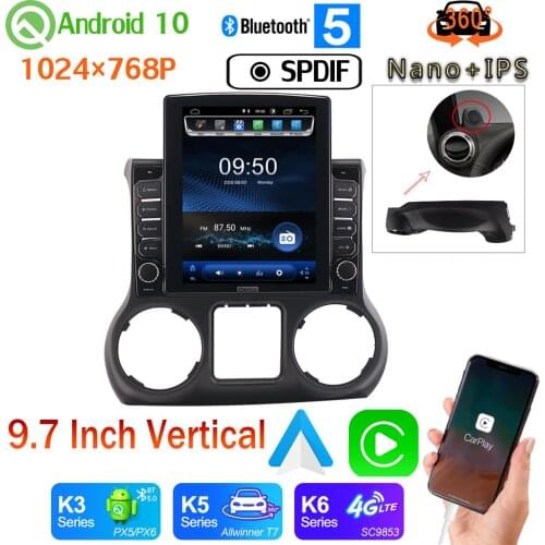 9.7" Vertical Style Car Media GPS Nano+IPS CarPlay Android 10.0 DSP 360 Camera Radio For Jeep Wrangler 3 JK 2010-2017 PX6 4+64G