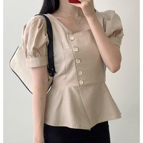 LJSXLS Elegant O-Neck Short Women Blouse Button Woman Solid Slim Shirts Fashion Summer Tops Korean Style Womens Clothing 2021