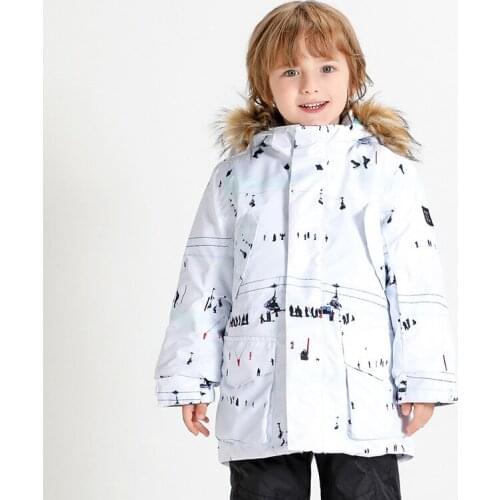 Kids Winter White Ski Jackets With Powder Skirt Boys Waterproof Cycling Snowboarding Snow Parka Childrens Ski Wear Outdoor Sport