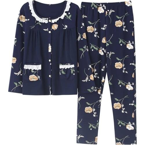 Home clothing big yards full pure cotton pajamas for female autumn and winter high grade o-neck cardigan floral women sleepwear