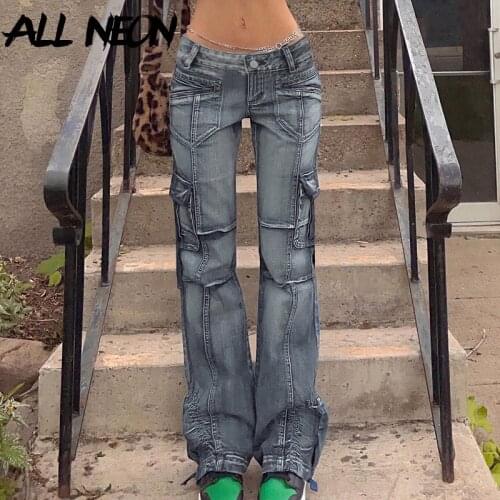 ALLNeon Y2K Aesthetics Low Rise Jeans 2000s Streetwear Retro Big Pockets Patchwork Distressed Denim Long Pants Vintage Outfits