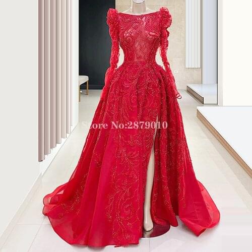 Illusion Arabic Red A-Line Evening Dress Long Sleeves Floor-Length Slit Prom Dress Plus size Celebrity Dress Formal 2020 Dubai