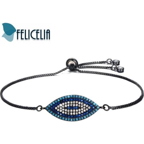 Felicelia Exotic Style Jewelry Eyes Design Blue Cubic Zirconia Women Bracelet Jewelry Adjustable Box Chain Bracelet Black