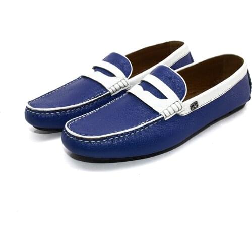 Handmade Classic Old School Penny Loafers with Real Calf Leather, Blue & White Floater Leather, Flexible Rubber Sole, On Sale