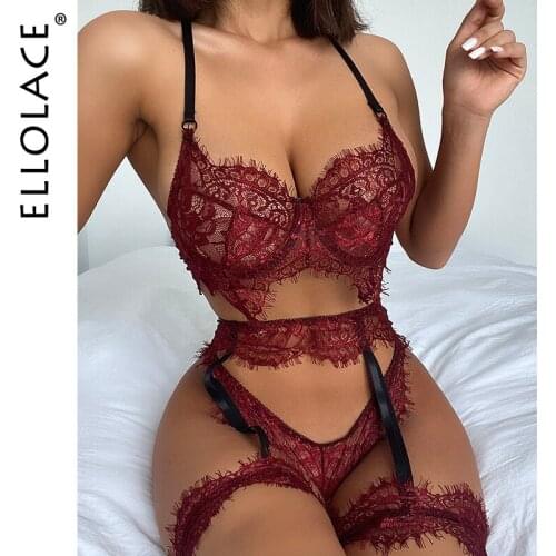 Ellolace Lace Lingerie Transparent Underwear Sexy Brief Sets with Graters Burgundy Short Skin Care Kits Mesh Bilizna Set