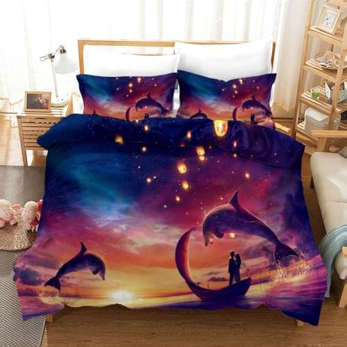Dolphin Pattern 3PCS Bedding Set Killer Whale Comforter Marine Animal Series Duvet Cover with Pillowcases for Kids Teens Gift