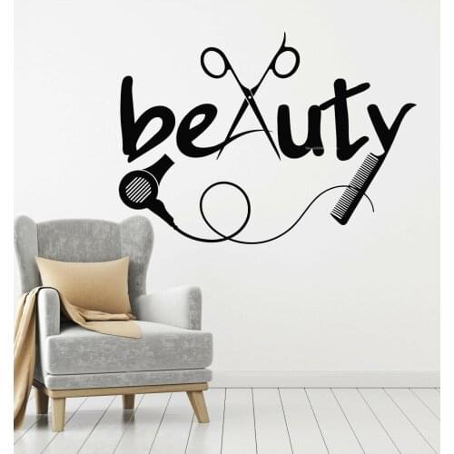 Beauty Quotes Wall Decal hair dryer scissors Barber Tools Hair Hairdresser Salon Decal Glass door Sign Removable Murals DG077