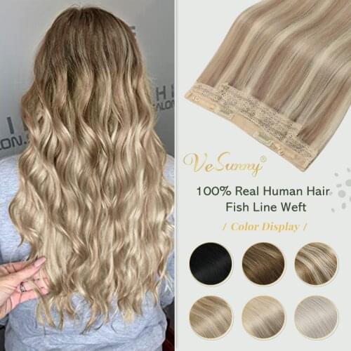 VeSunny One Piece Invisible Halo Hair Extensions Machine Remy Human Hair Wire with 2 Clips on Dark Blonde Highlights