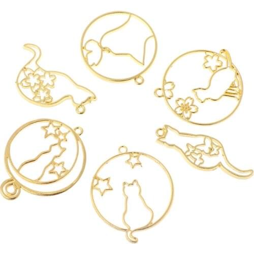 6 pieces/set of metal frame DIY jewelry necklace pendant golden kitten cat cute hollow frame UV epoxy resin tool accessories