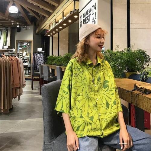 Hong Kong Style Trendy Hawaiian Shirt Men And Women Green Loose Five-Point Sleeve Tops Retro Student Couple Beach Short Sleeve