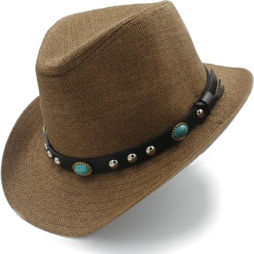 Handmade Weave Straw Men Western Cowboy Hat Gentleman Dad Summer Beach Sun Hat Sombrero Cap Size 58CM