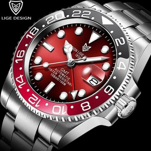 LIGE DESIGN Men GMT Automatic Mechanical Watch Ceramic Bezel 316L Stainless Steel 100ATM Waterproof Clock Sapphire Glass Watches