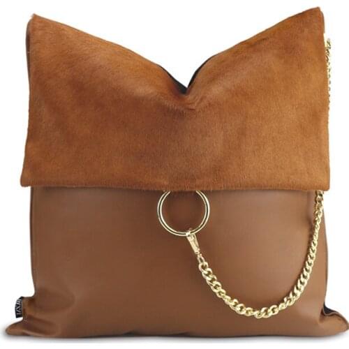 Luxurious Gold Metal Chain Cushion Cover Nordic Orange PU Throw Pillow Cover Sofa Living room Decoration Cushions 45x45cm