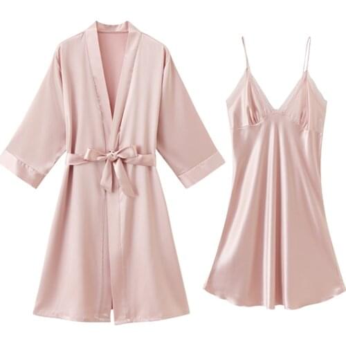 Bride Bridesmaid Wedding Robe With Lace Women Bathrobe Satin 2PCS Sleepwear Kimono Gown Sexy Nighty&Robe Set Faux Silk Nightwear