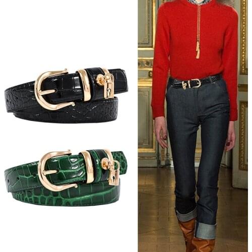 New Real Leather Belts Crocodile Shape Cowskin Belt Lady Gold Pin Buckle Waist Strap Jean Bright Genuine Leather Waistbands Girl