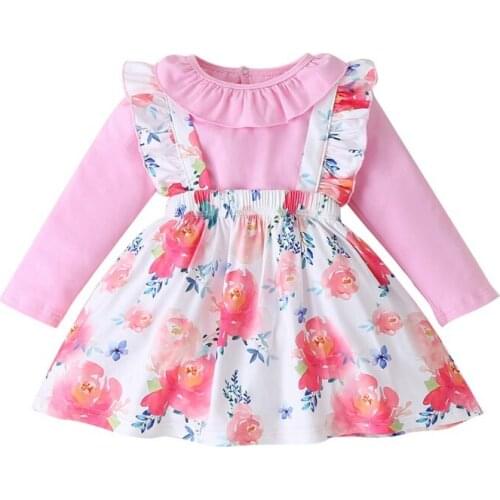 Autumn Kids Floral Print Princess Strap Dresses + Lovely Baby Girls Long Sleeve T-Shirt Ins