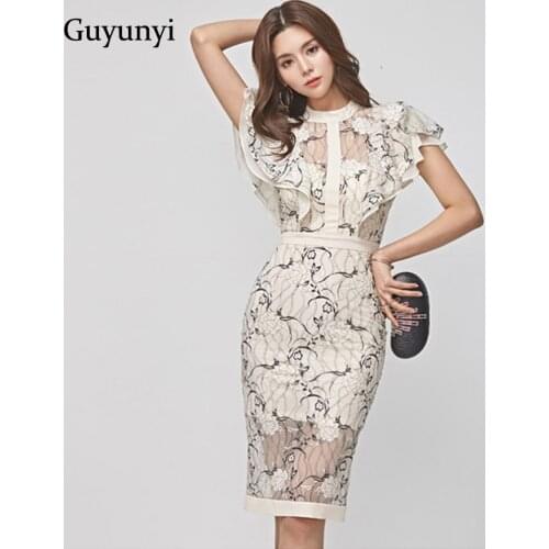 Floral Summer Office Dress Elegant Back Hollow Small Sexy Lace Dress Slim Fit High Waist Butterfly Sleeve Party Dress Women