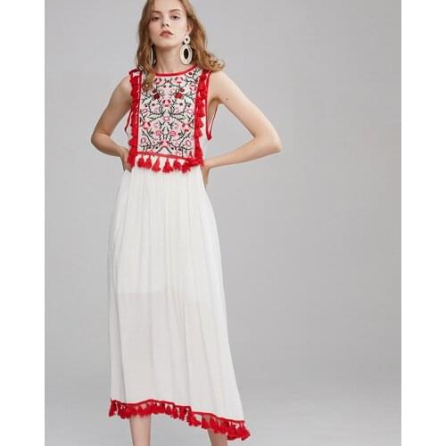 TEELYNN white boho dress floral Embroidery o-neck sleeveless summer dress tank tassle fringe beach dress women dresses Vestido