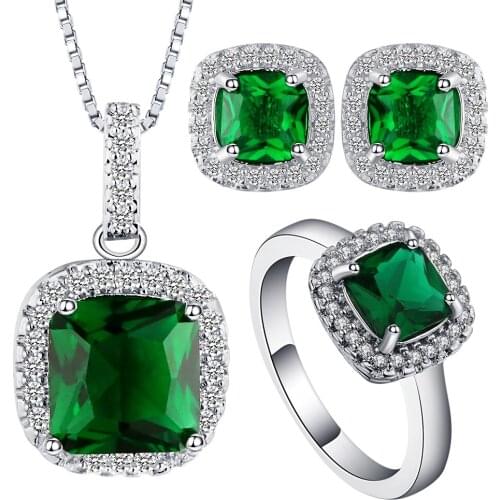 Seanlov New Top White Gold Color Square Jewelry Set Green Cubic Zircon Pendant/Earrings/Ring Women Wedding Jewelry Sets