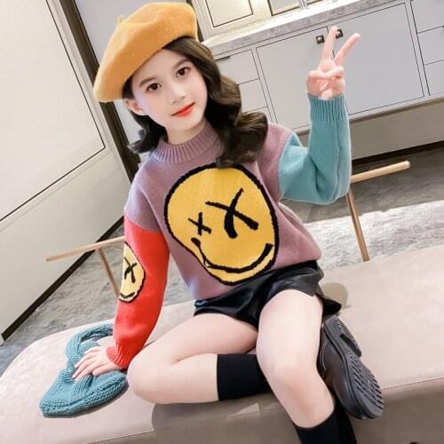 Girls Smiley Sweater Kids Outwear Tops Retro Fleece Thicken Warm Winter Autumn Knitting Christmas Pullover Children Clothing