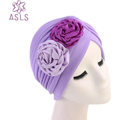 High Quality New Fashion Vintage Double Flower Turban Style Hat Ladies Chemo Cap Muslim Turban Headbands Women Hair Accessories