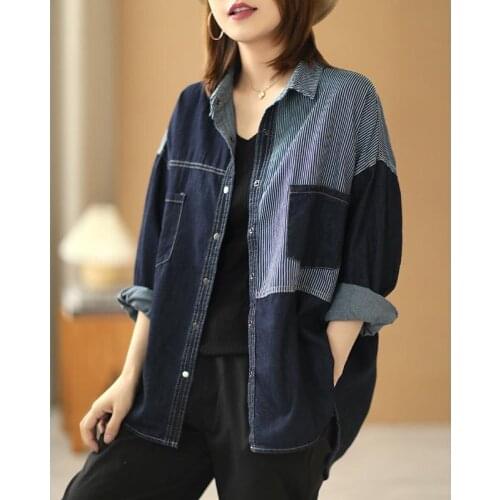 Fashion Autumn New Denim Shirt 2021 Women Deep Blue Patchwork Striped Blouses Pockets Long Sleeve Streetwear Ladies Loose Tops