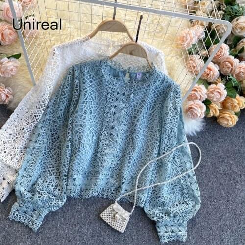 Unireal 2021 Summer Women Lace Blouse Shirt Long Sleeve Vintage Hollow Out White Lace Female Blouse Tops