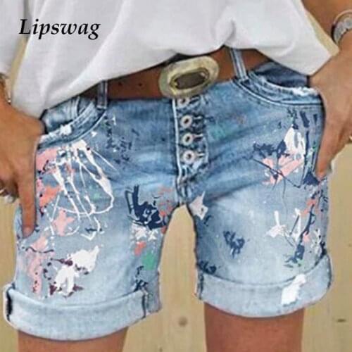 2021 Summer Women Casual Loose Straight Short Jean Fashion Button Pocket Denim Shorts Ladies Elegant Pattern Print Loose Shorts