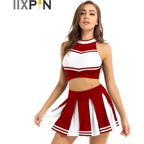 Women Cheerleader Costume Rave Outfit Jazz Dance Costume School Girl Stand Collar Sleeveless Crop Top with Mini Pleated Skirt